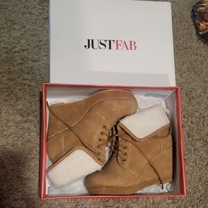 JustFab Tan Wedge Lace-Up Ankle Boots with Shearling Cuff